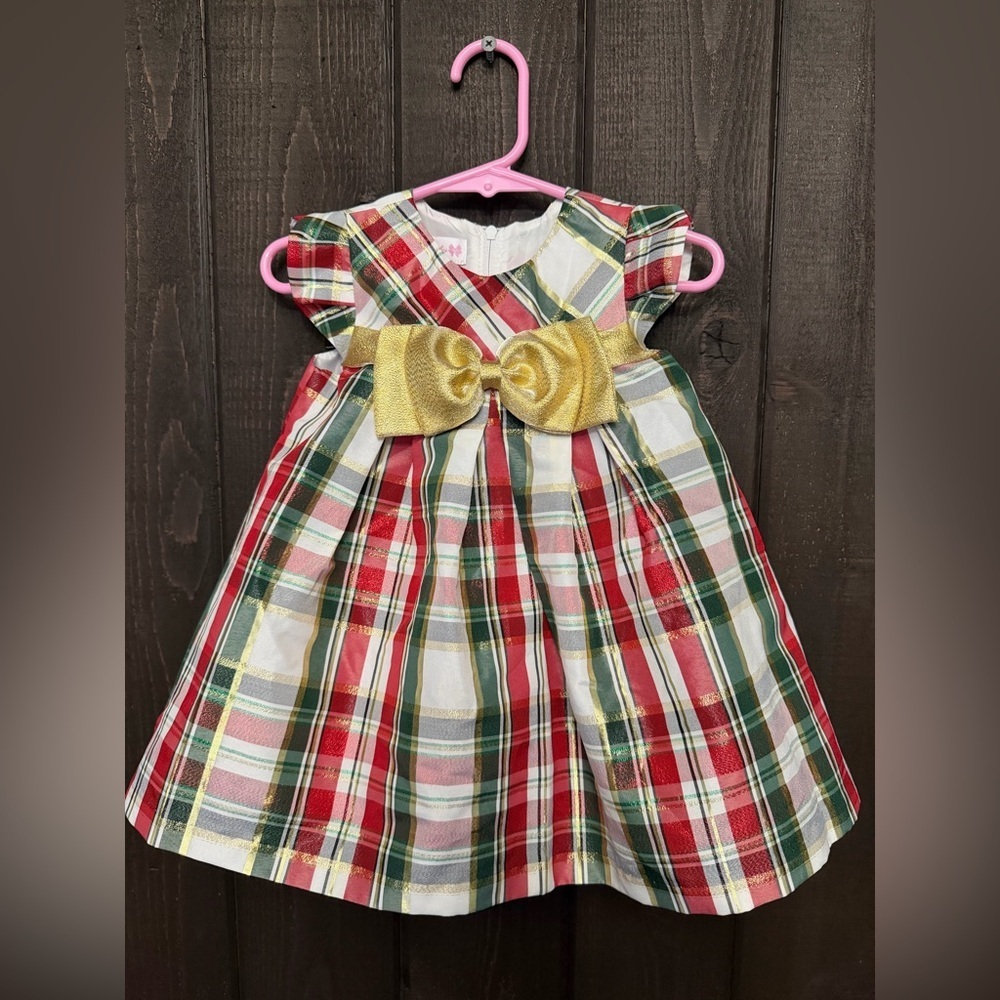 Bonnie Baby Sz 12M Plaid Dress Front Bow Green Red Gold Christmas Holiday EUC